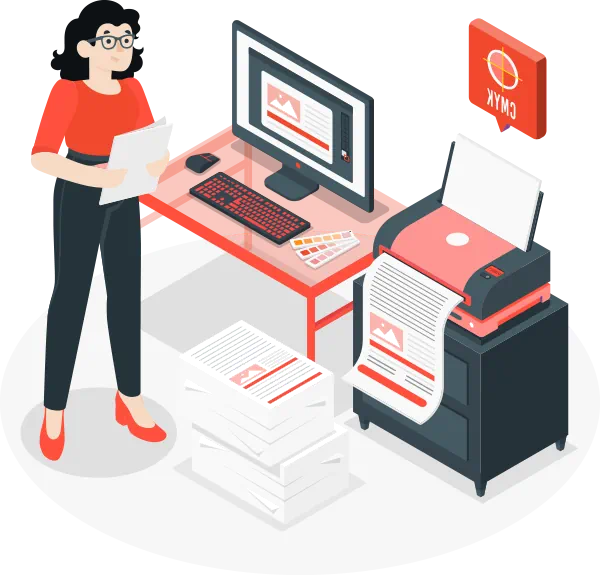 Woman holding freshly printed paper and running printer to complete bulk print job.